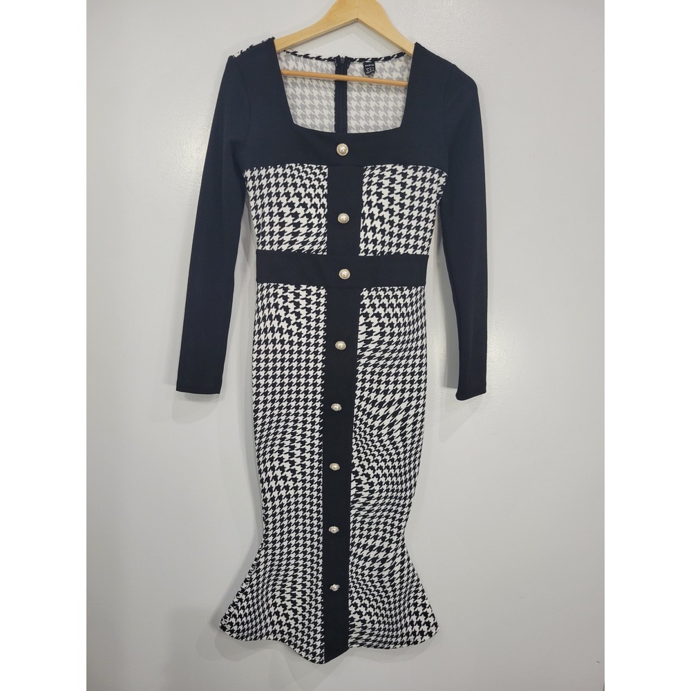 SHEIN Houndstooth Mermaid Midi Dress Black White Faux Pearl‎ Square Neck M